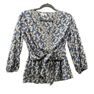 Max Studio Blouse Womens Small S Blue Floral Tie Waist Crepe V-Neck 3/4 Sleeve